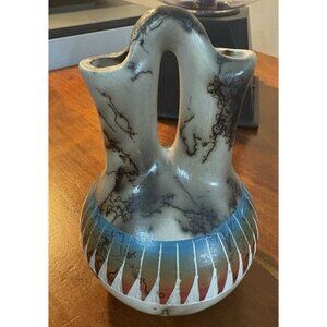Hand Etched Horse Hair Navajo Wedding Vase 5 1/2" High Signed Sam